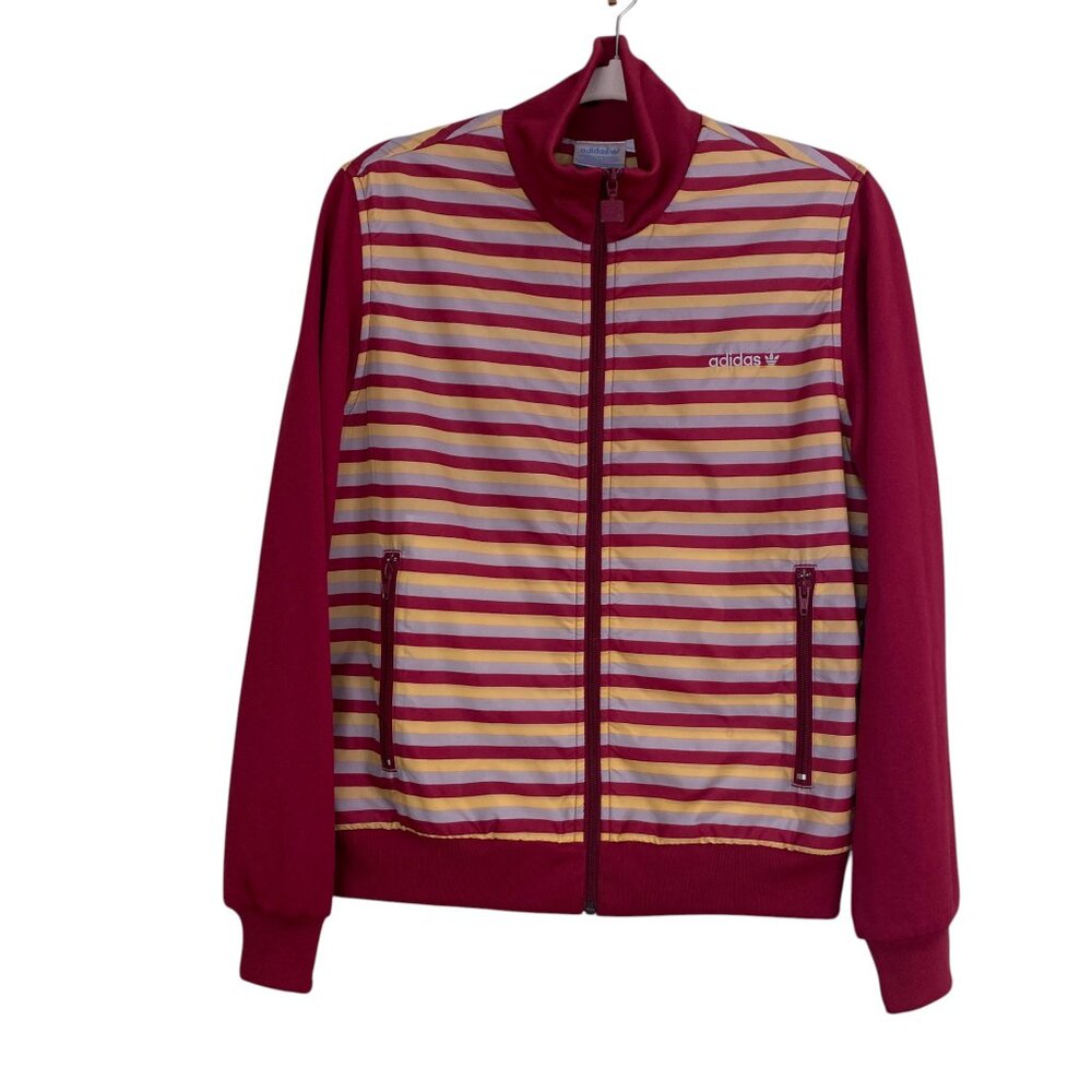 Vintage Adidas Originals Y2K Striped Track Jacket Maroon Yellow Blokecore-L